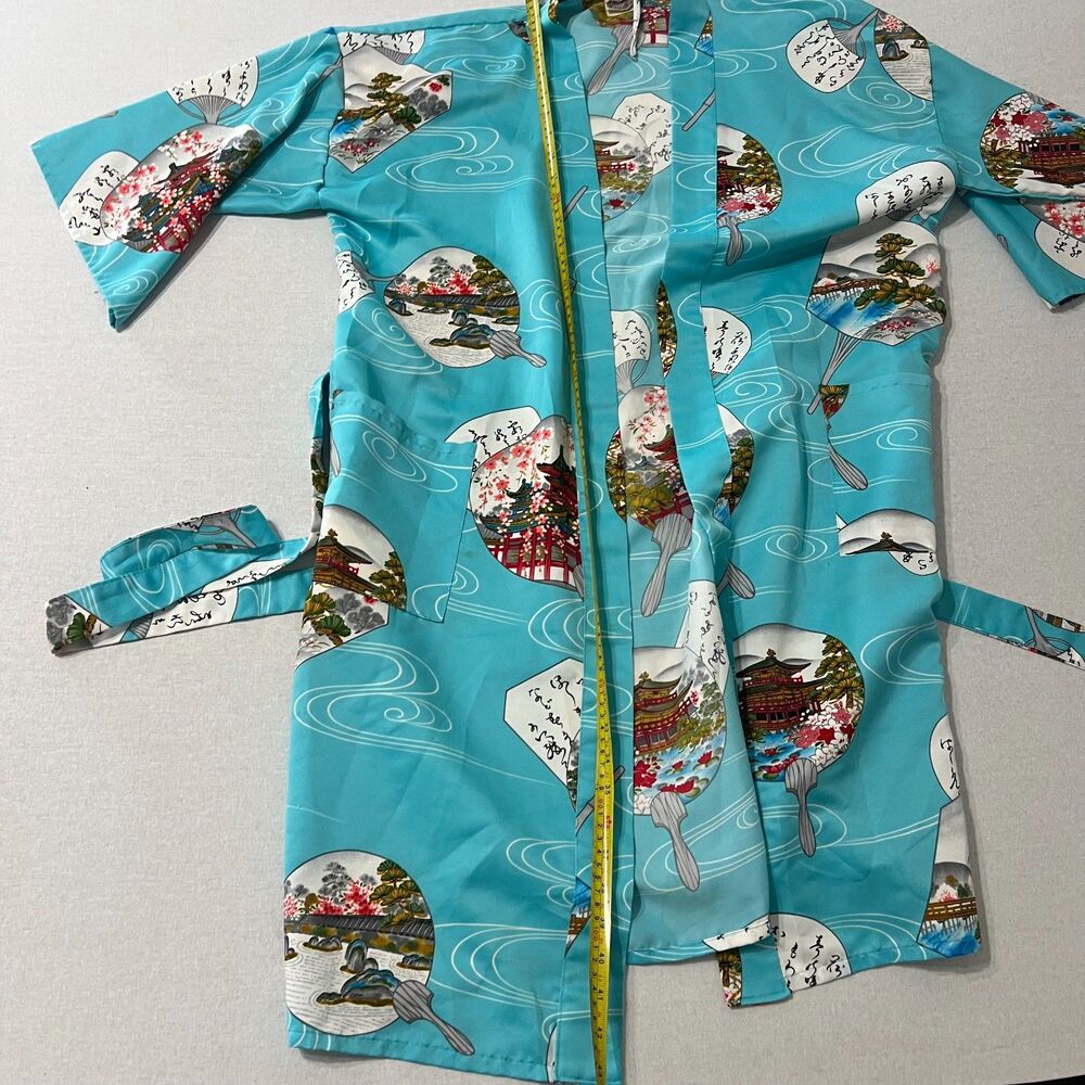 Vintage Japanese Style Kimono Robe Turquoise Fan Garden Print Belted One Size - Picture 11 of 12